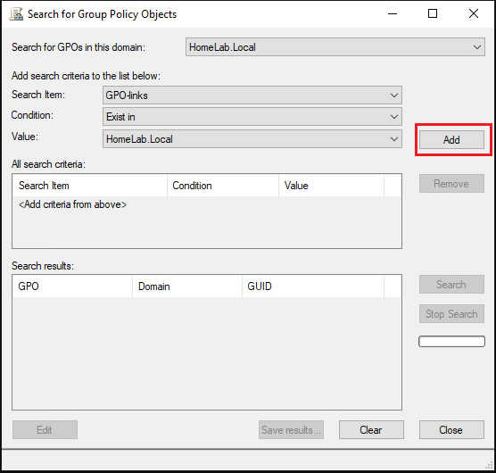 Adding search item in "Search for Group Policy Objects" window