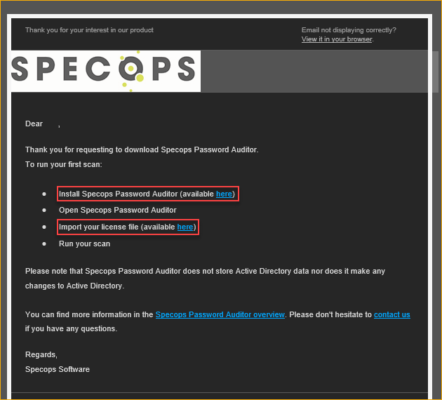 SpecOps Password Auditor welcome email