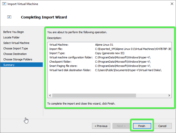 Completing Import Virtual Machine Wizard 