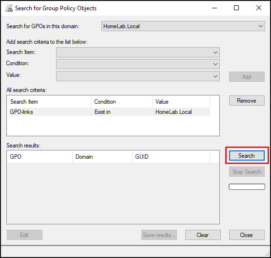 using search option in "Search for Group Policy Objects" window