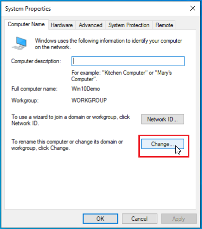 Change option in System Properties Dialog box
