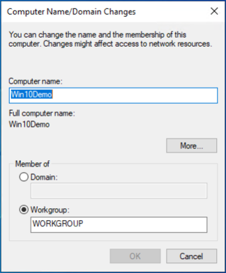 Computer Name/Domain Name Change Dialog box