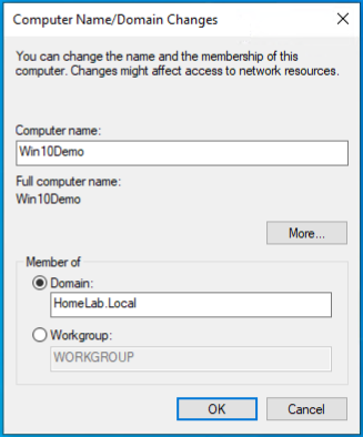 Computer Name/Domain Name Change Dialog box