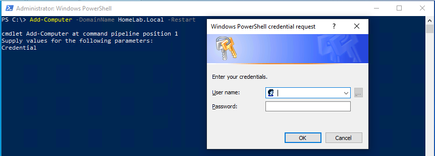 Add-Computer cmdlet credentials prompt