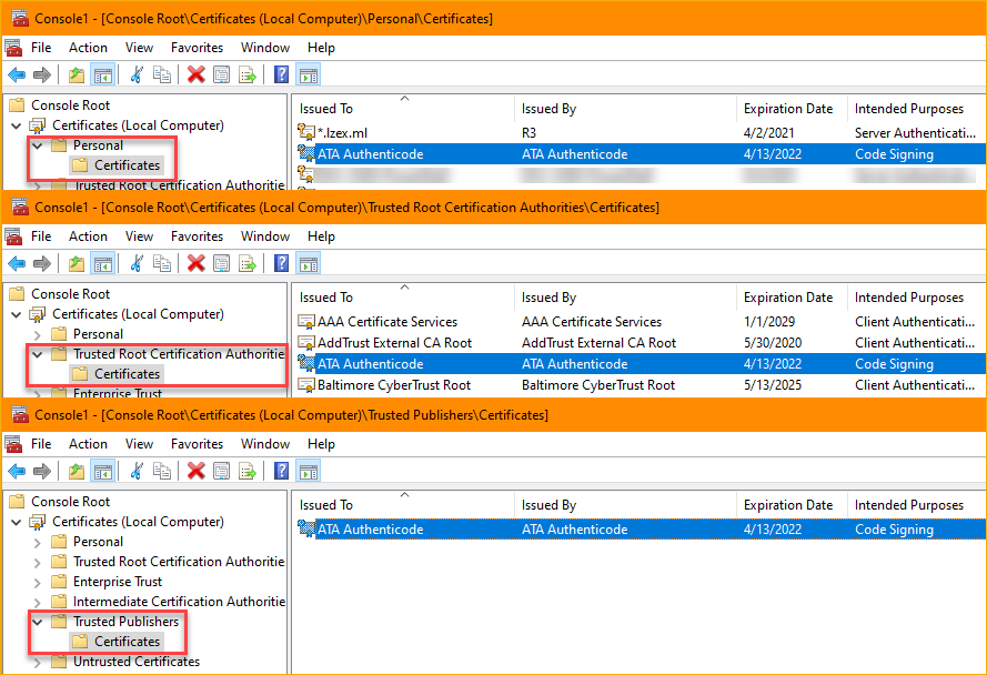 Viewing certificates in the Microsoft Management Console (MMC)