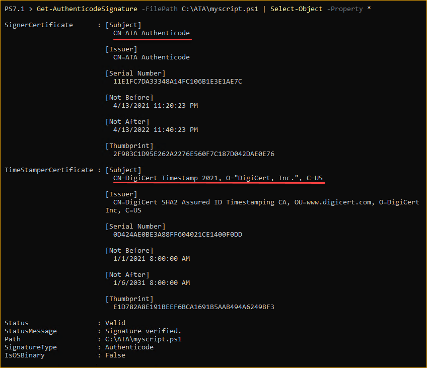 Viewing the digital signature in PowerShell