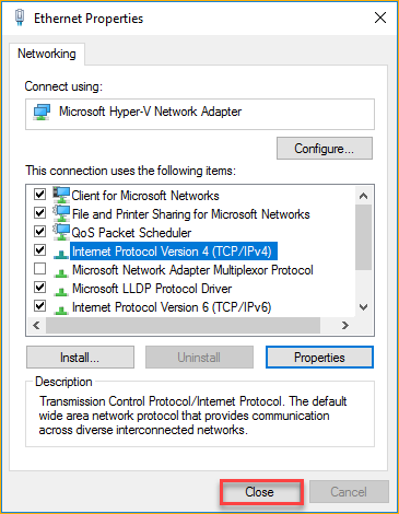 Closing the Ethernet Properties window You'll see that the network status has changed to connected. 