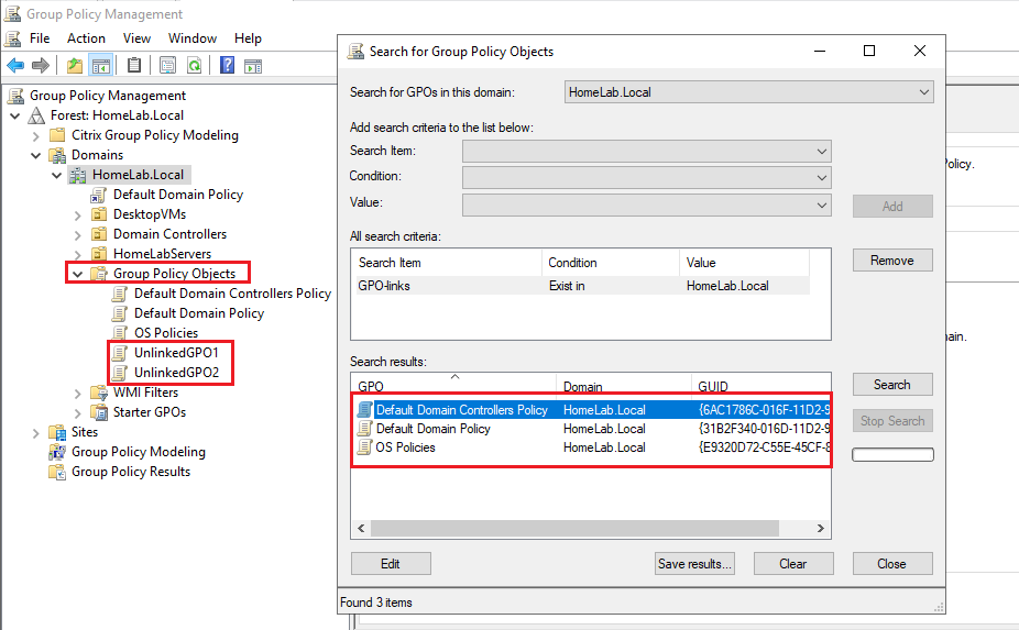 Comparing search results with all the Group Policy Objects 