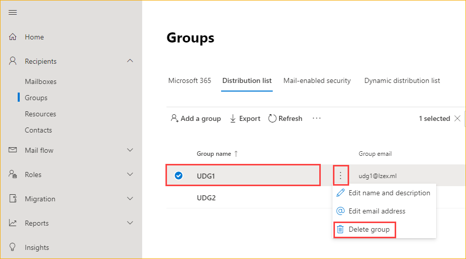 Deleting a distribution group using EAC