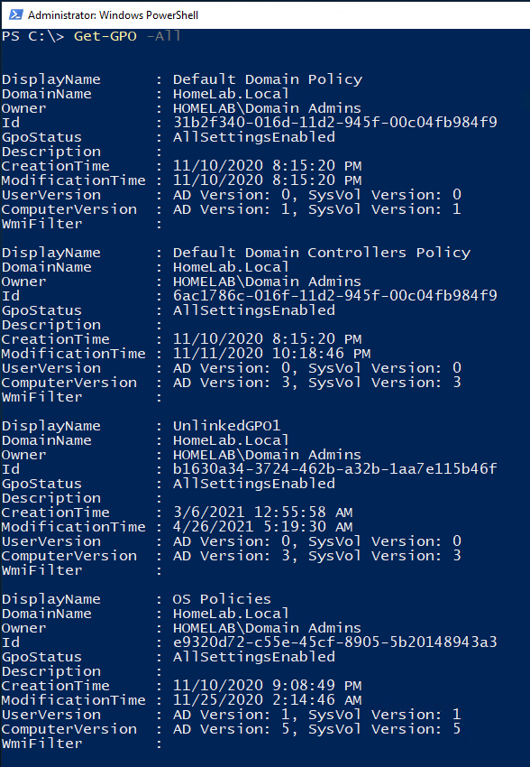 Get-Gpo cmdlet output