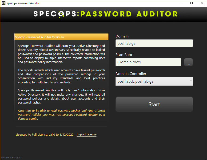 SpecOps Password Auditor Start Page