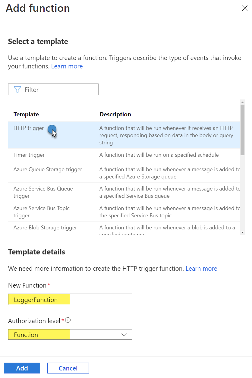 Creating an HTTP Trigger for a function