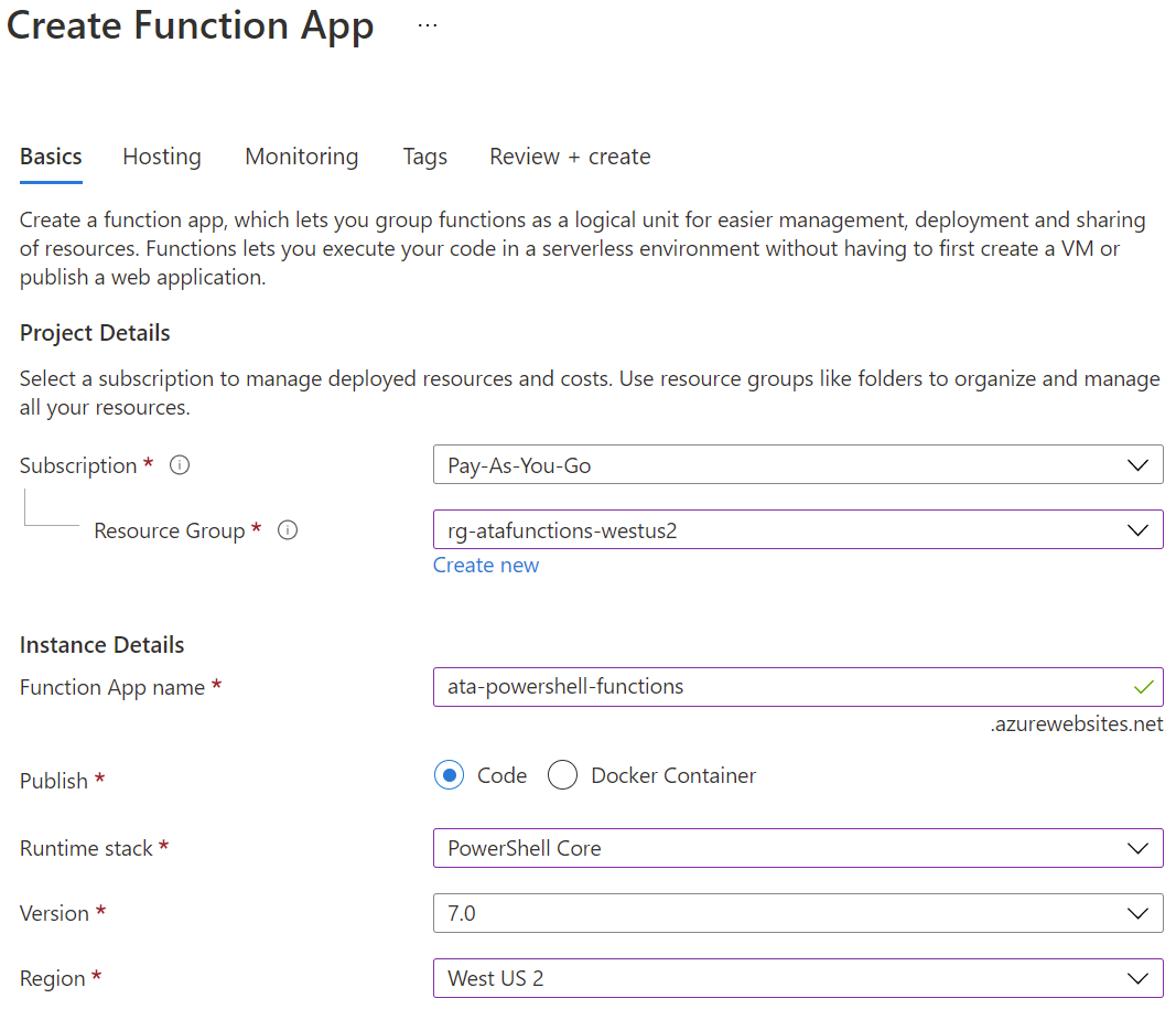 Entering Basic information for deploying a Function App