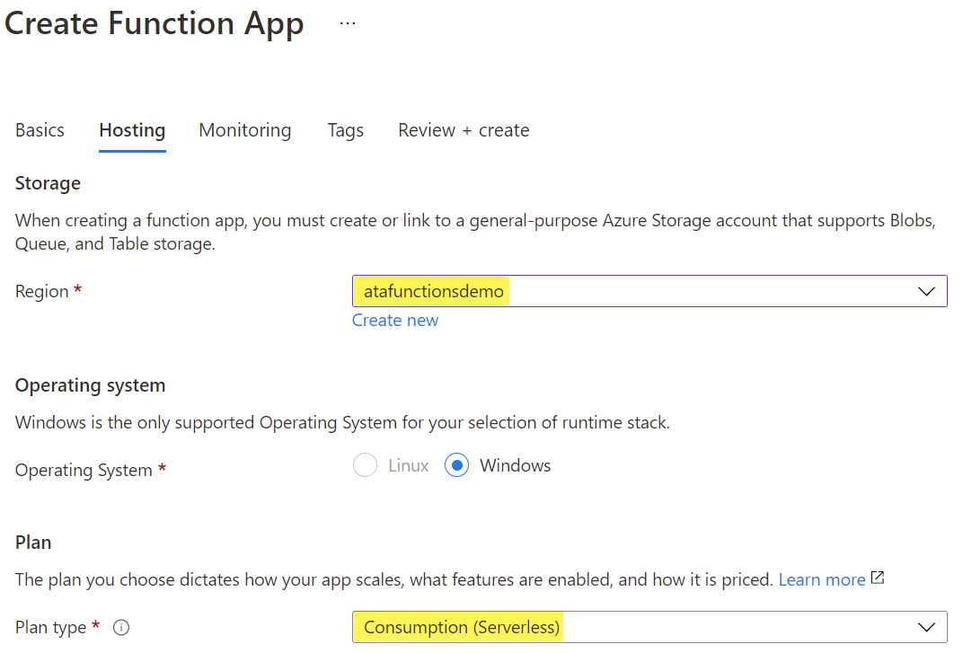 Select Hosting options for deploying a Function App