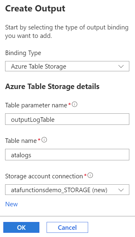 Creating Azure Table Storage output binding