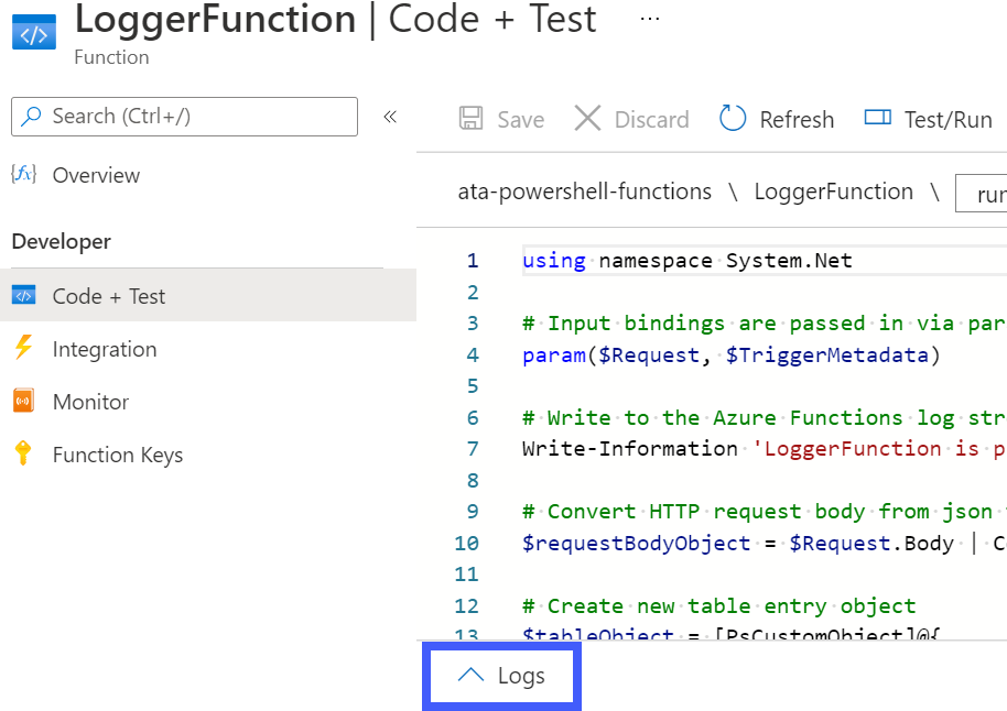 Accessing the function's Log console