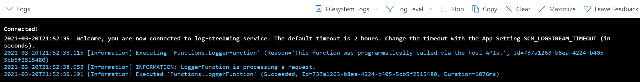 Viewing the Logs console and function output