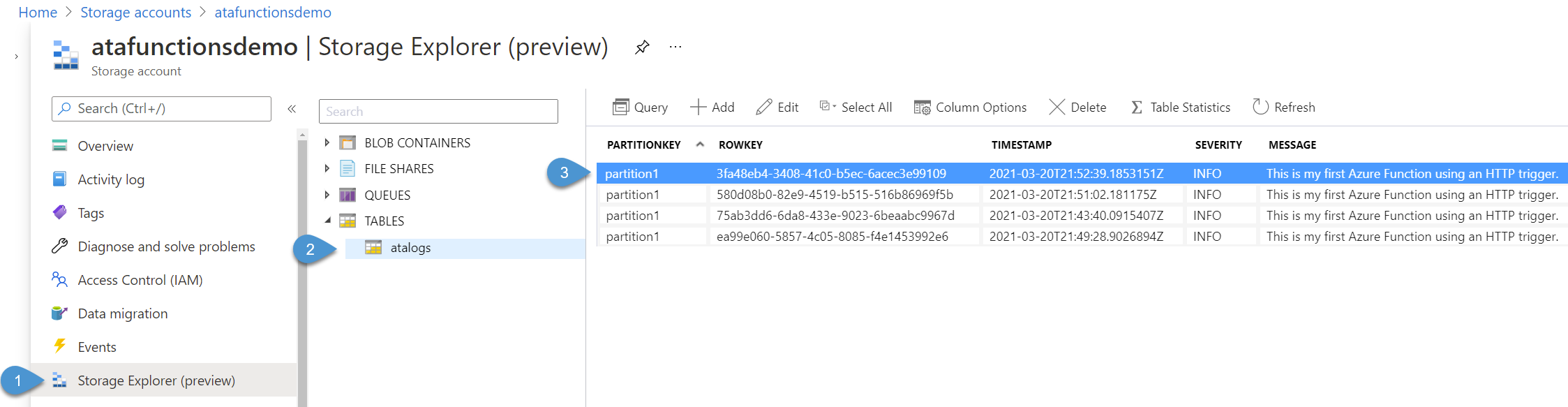 Viewing Table storage entries created by the function