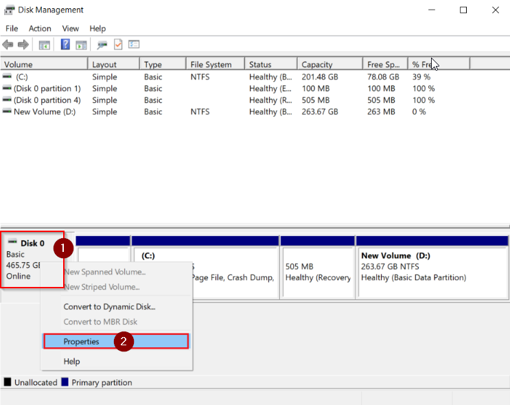 Open Disk Management to view the disk properties