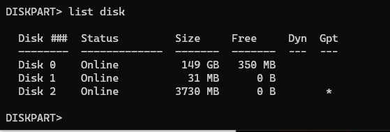 diskpart - list disk command