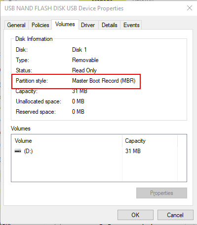 Review the Partition Style in the disk properties window