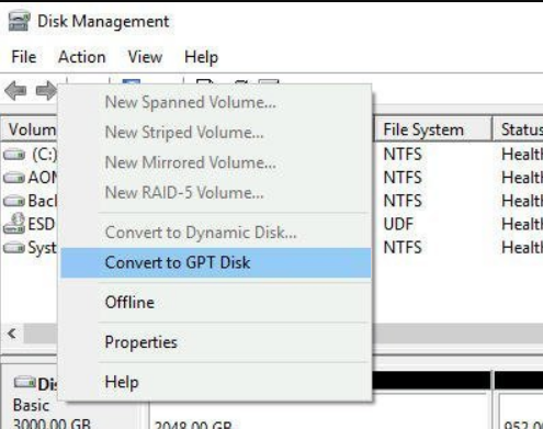 Convert to GPT Disk in Disk Management