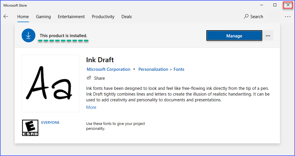 Exiting the Microsoft Store after installing a font on Windows 10