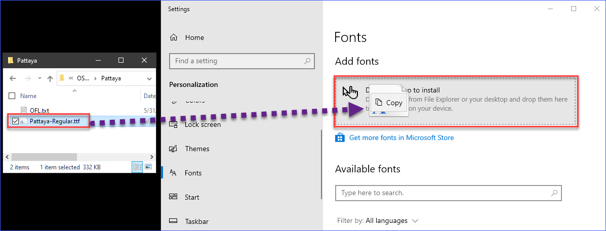 Installing a font on Windows 10 using the Windows Settings 