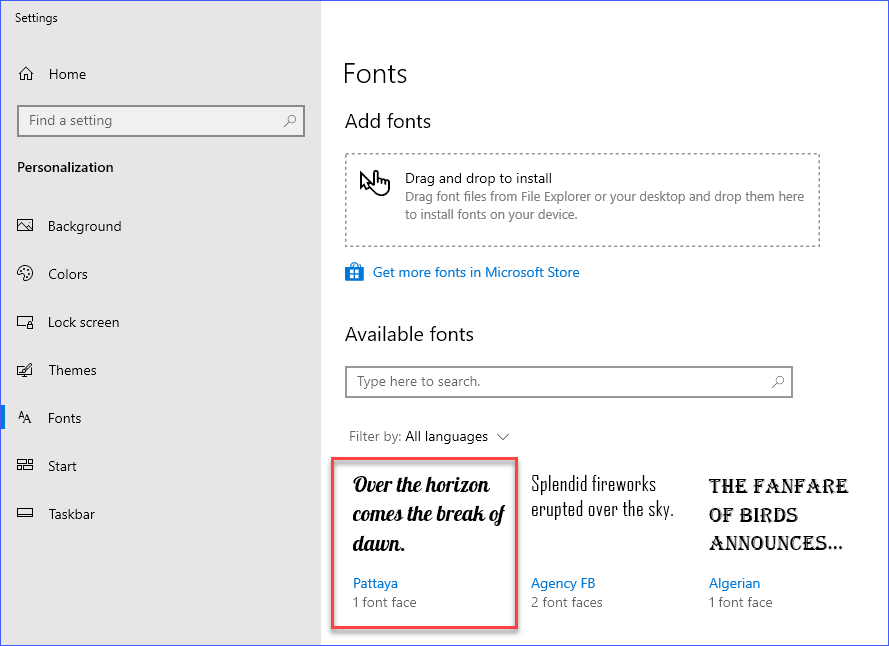 Viewing the installed font in the Windows Settings app