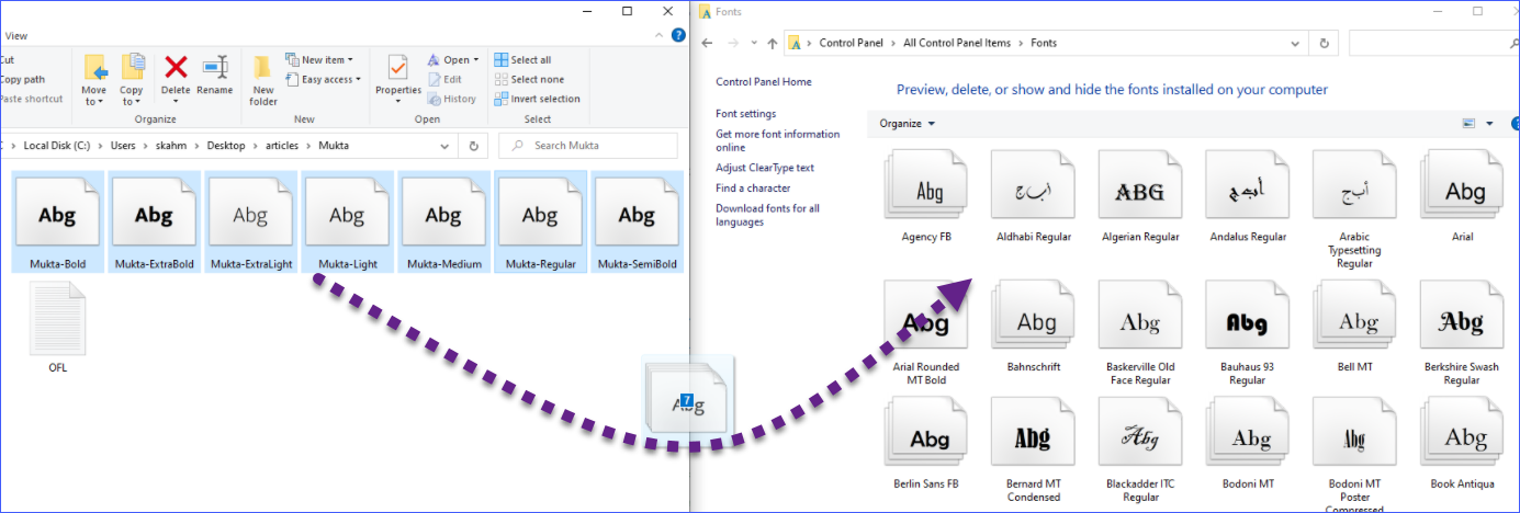 Installing a font on Windows 10 using the Control Panel 