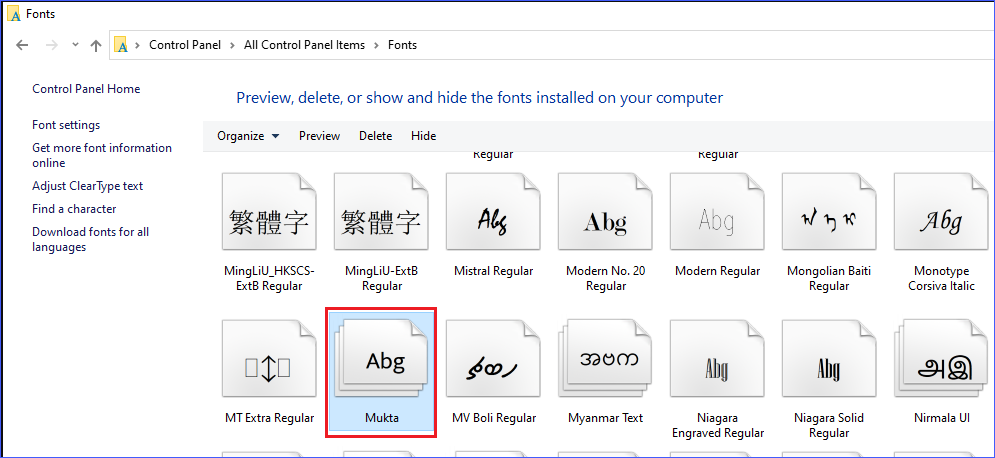 Viewing the installed font in Control Panel