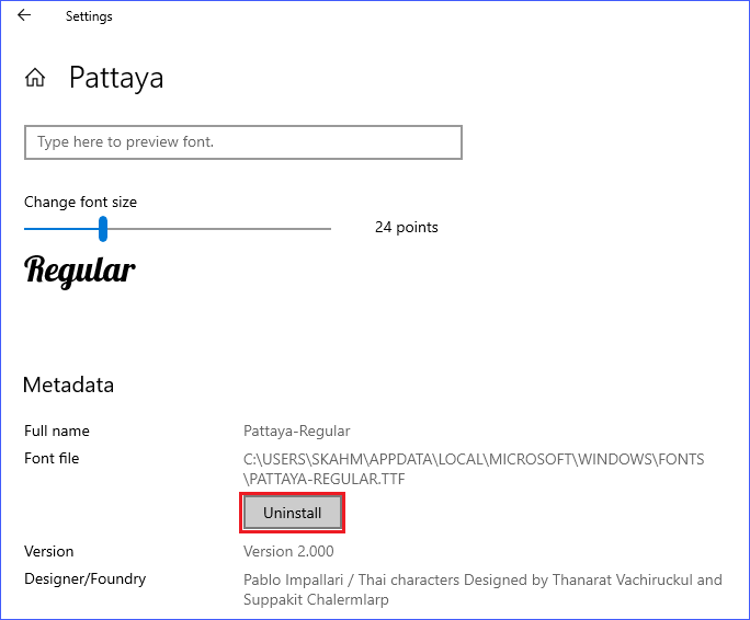 Uninstalling the font