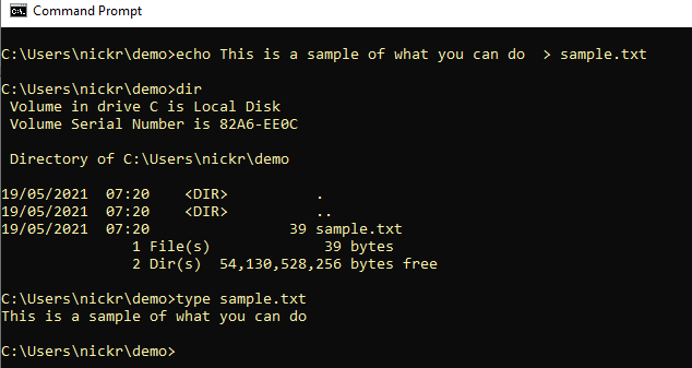 Output of type, showing the contents of sample.txt