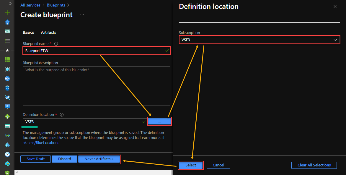 Adding the blueprint name and selecting the definition location