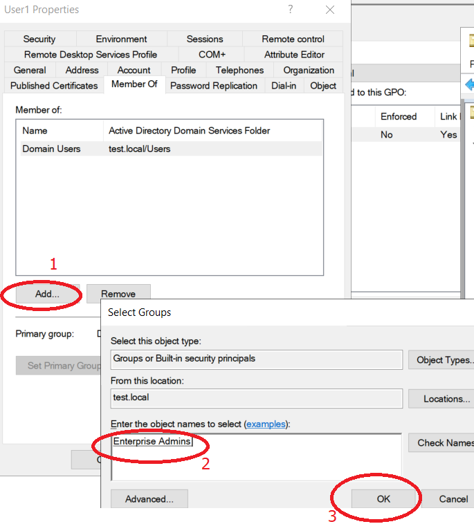 Adding User1 to Enterprise Admins Group.