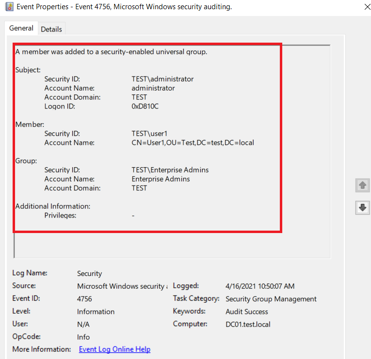 Event ID 4756 tracking group membership change