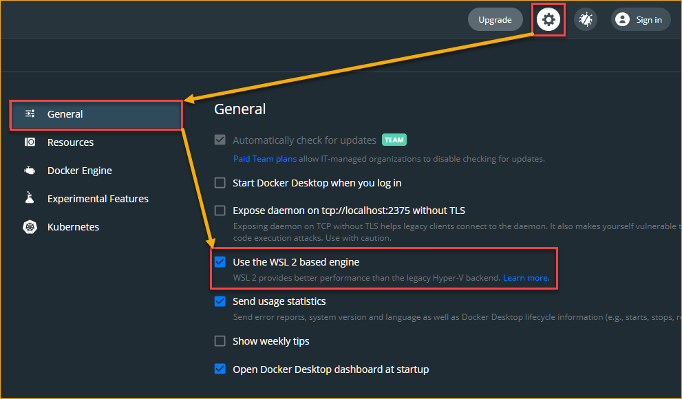 Verifying Docker Desktop is using WSL 2 based engine