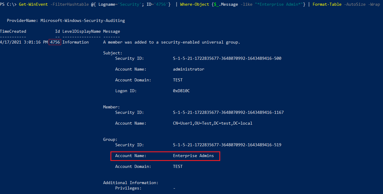 Reading Security Logs related to Enterprise Admins