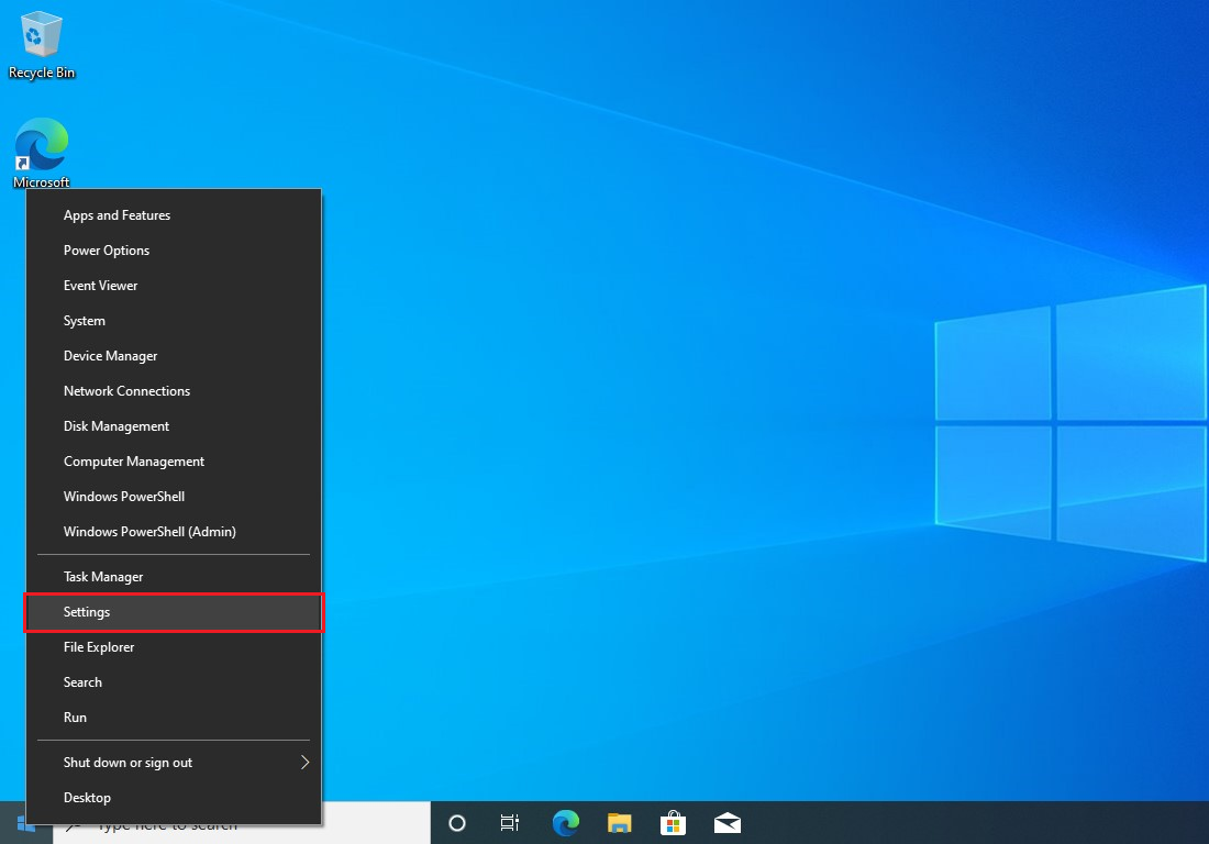 Settings option in start menu