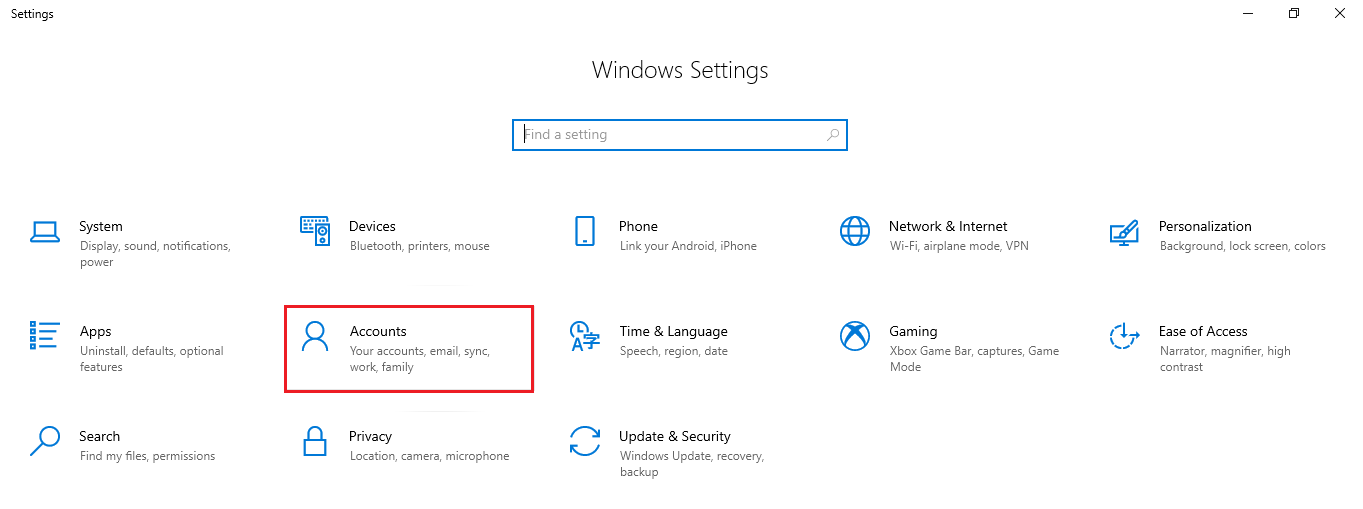 Accounts option in Settings app