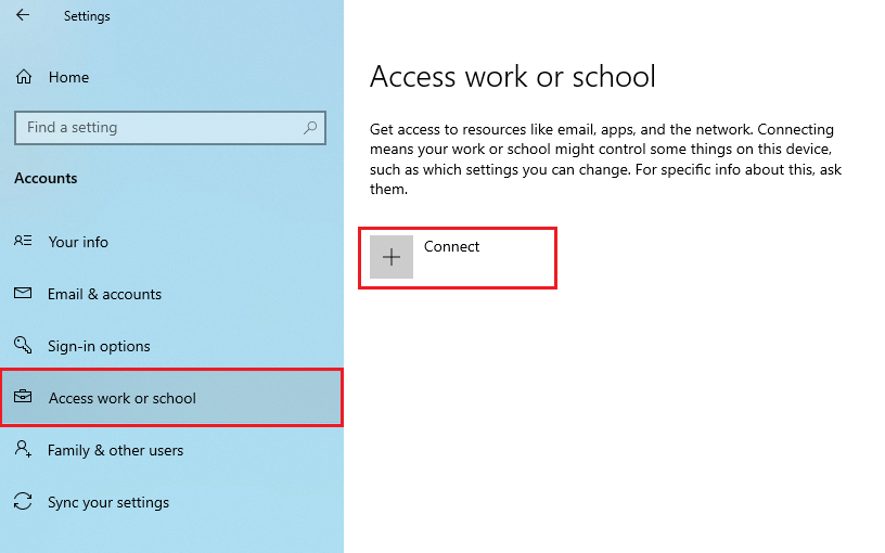 Access work or school option in settings