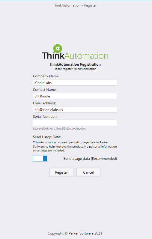 ThinkAutomation Registration process