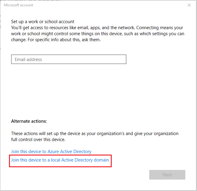 Join this device to local Active Directory Domain option