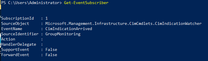 The Get-EventSubscriber output.