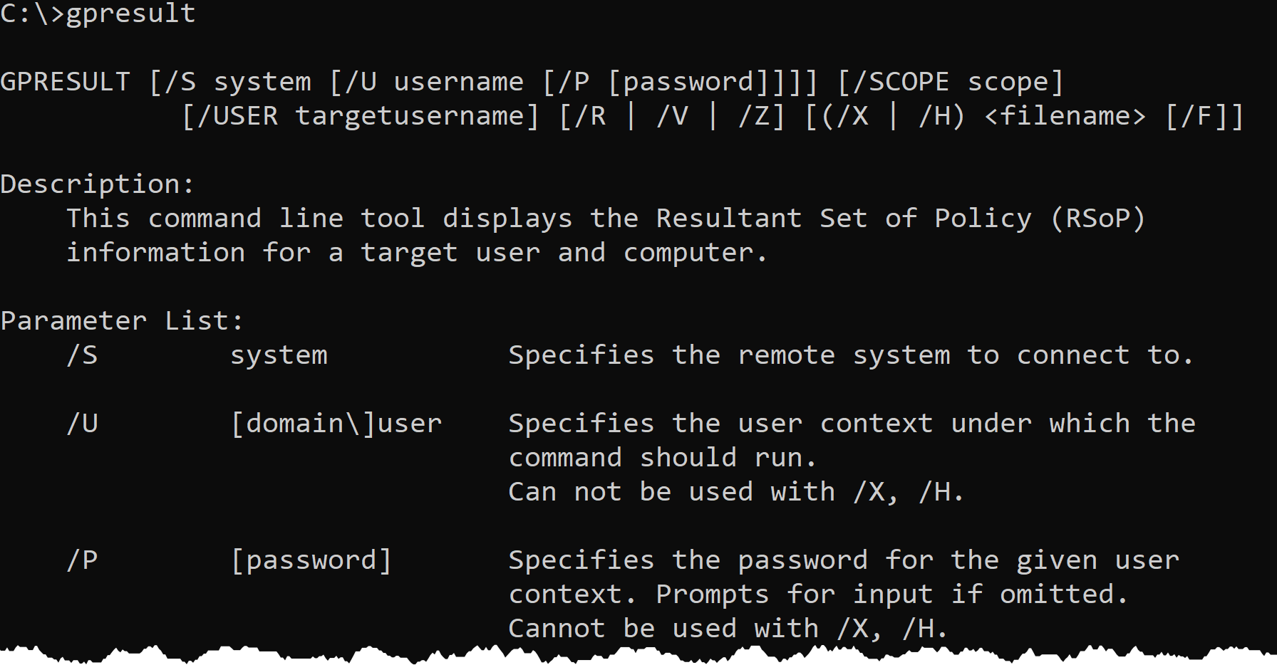 Help information for gpresult command