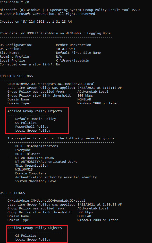 Displaying output for Gpresult /R command