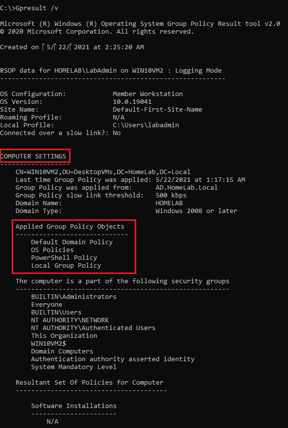 Verifying GPOs applied on the computer