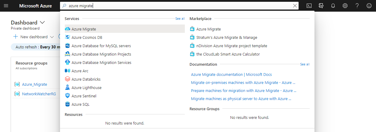 Searching for the Azure Migrate hub