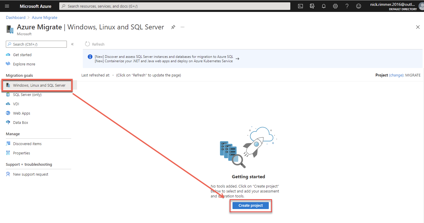 Creating a new Azure Migrate project