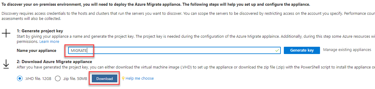 Azure migrate Name appliance and generate key
